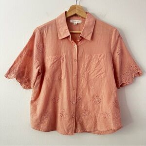 Greige 100%‎ Cotton Eyelet Short Sleeve Button Up Blouse Peach Pink size medium